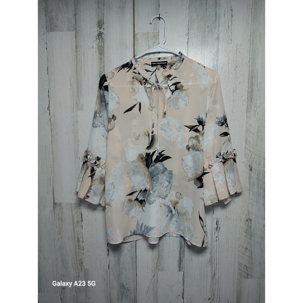 Karl Lagerfeld Blouse Womens Blush Pink Boho Floral Pearl Sleeve Embellishment